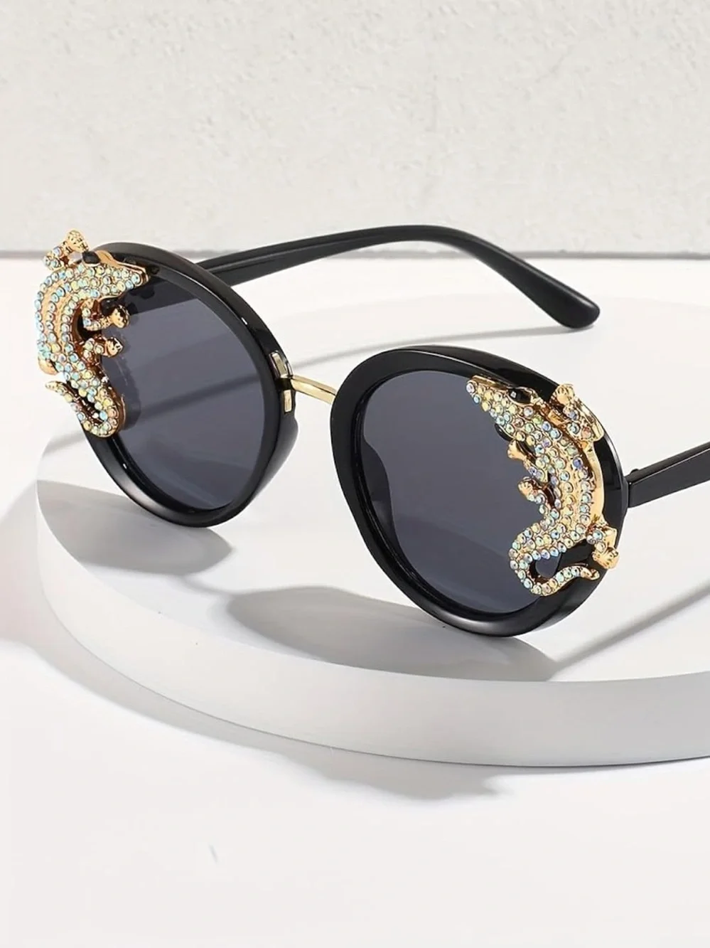Black Round Sunglasses with Gold Snake Rhinestone Detail – Statement Eyewear